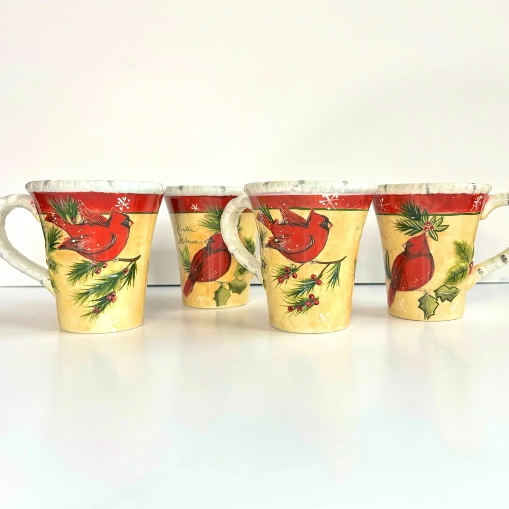 Pier1 Hollybirds Set of Four Winter Holiday Cardinal Birds‎ Coffee Mugs EUC
